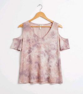 Peach and Lavender Tie-Dye Cold-Shoulder V-Neck To