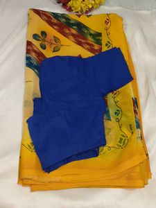 Vibrant Yellow Printed Saree with blouse