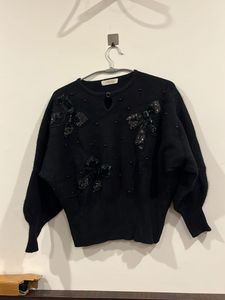 Vintage Black Beaded Bow Sweater