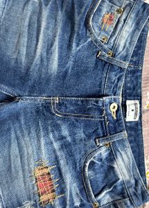 Distressed Denim Shorts with Patch Detail