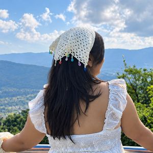 Crocheted Pink Head Scarf with Beads