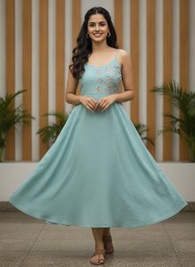 Flowy Midi Dress with Floral Embroidery