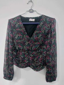 Floral Print Ruched V-Neck Top