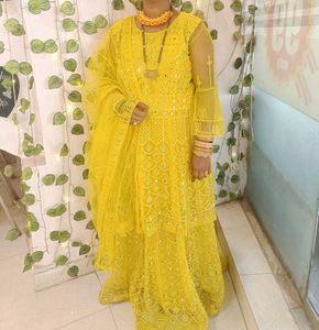 Yellow Embroidered Lehenga With Long Choli