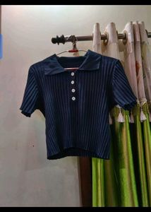 Navy Blue Ribbed Polo Neck Top