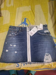 Distressed Denim Mini Skirt with Zipper