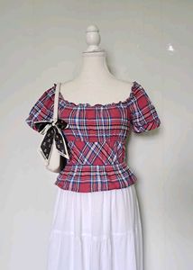 Trendy Plaid Puff Sleeve Top