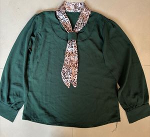 Elegant Green Blouse with Attached Scarf