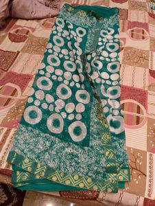 Teal Saree with White Abstract Print