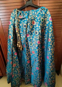 Teal Blue Floral Brocade Skirt