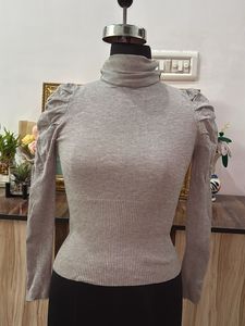 Grey Turtleneck Top with Puff Sleeves