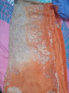 Pure Chiffon Orange And Beige Printed Saree