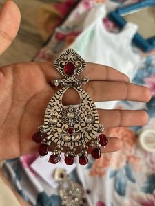 Oxidized Silver Jhumka Earrings with Red Stones