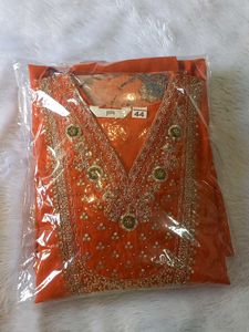 New Orange Golden detailing Kurta Set
