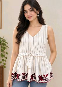 Boho Striped Tunic with Floral Embroidery