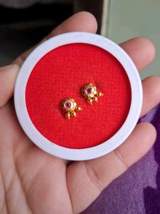Gold Stud Earrings with Red Stone