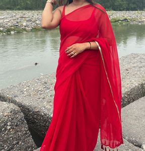 Vibrant Red Silk Saree with Gold Border