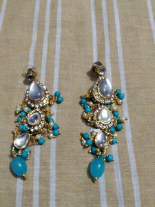 Stunning Blue &amp; White Earrings with mangtika