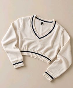 IVORY & BLACK STRIPED CROPPED V-NECK SWEATER