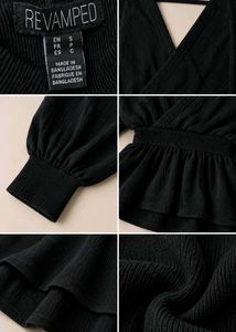 BLACK WRAP-STYLE BLOUSE WITH PUFF SLEEVES