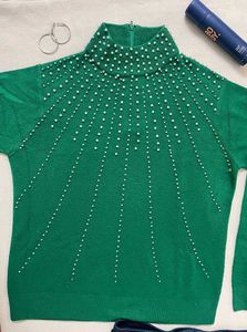 Emerald Green Pearl Embellished Turtleneck