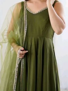 Olive Green Sleeveless Anarkali Kurta Set