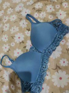 Blue Lace Trim Padded Bra