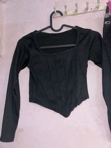 Black Ribbed Square Neck Top