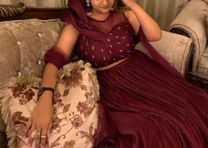 New Burgundy Hooded Designer Blouse Lehenga Set