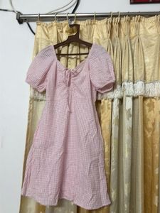 Pink Gingham Puff Sleeve Dress