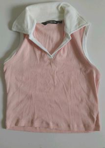 Pink Ribbed Polo Crop Top