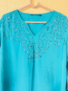 Turquoise Kurta with Embellished Neckline