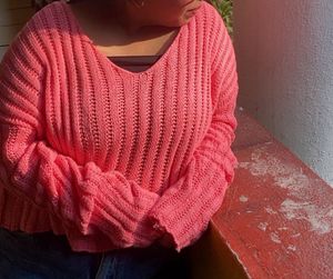 Coral Knit V-Neck Pullover