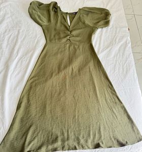 Olive Green Button Detail Midi Dress