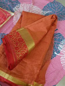 Orange Saree with Golden Border