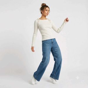 Cream Ribbed Long Sleeve Tie Neck Top