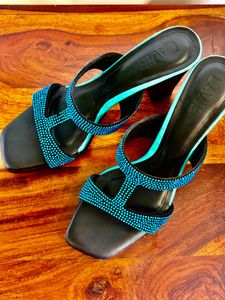 Sparkling Blue Embellished Block Heels