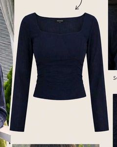 Chic Navy Blue Ruched Square Neck Top