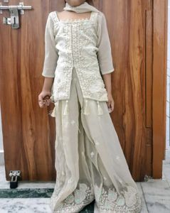 Elegant Cream Embroidered kids Kurta Set 6+ yrs