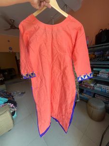 Pretty Peach Kurta with Blue Detail