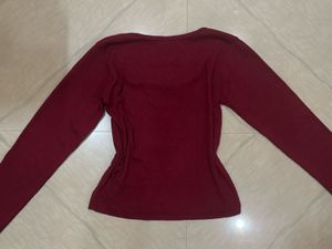 Maroon Henley Top with Lace Trim