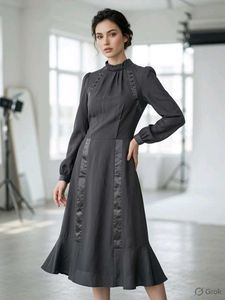 Elegant Dark Grey Midi Dress with Button Detail