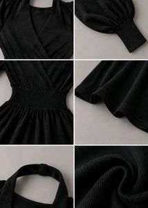 BLACK MAXI DRESS WITH PUFF SLEEVES AND CINCHED