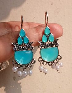 Elegant Aqua Drop Oxidised Earrings ✨