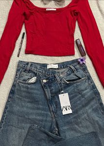 BERSHKA Red Long Sleeve Crop Top size xs