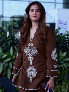 Brown Co-ord Set with White Embroidery