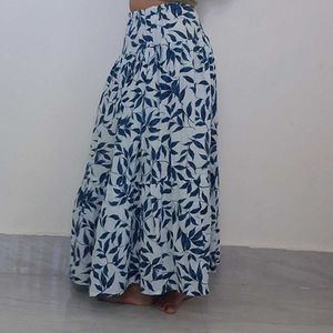 Bohemian Leaf Print Tiered Maxi Skirt