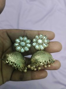 Elegant Gold Jhumka Earrings with White Stones🤩