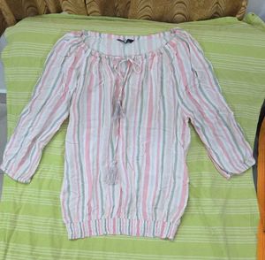 DNMX Striped Tie-Neck Blouse