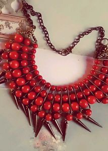 Bold Red Bead &amp; Spike Statement Necklace